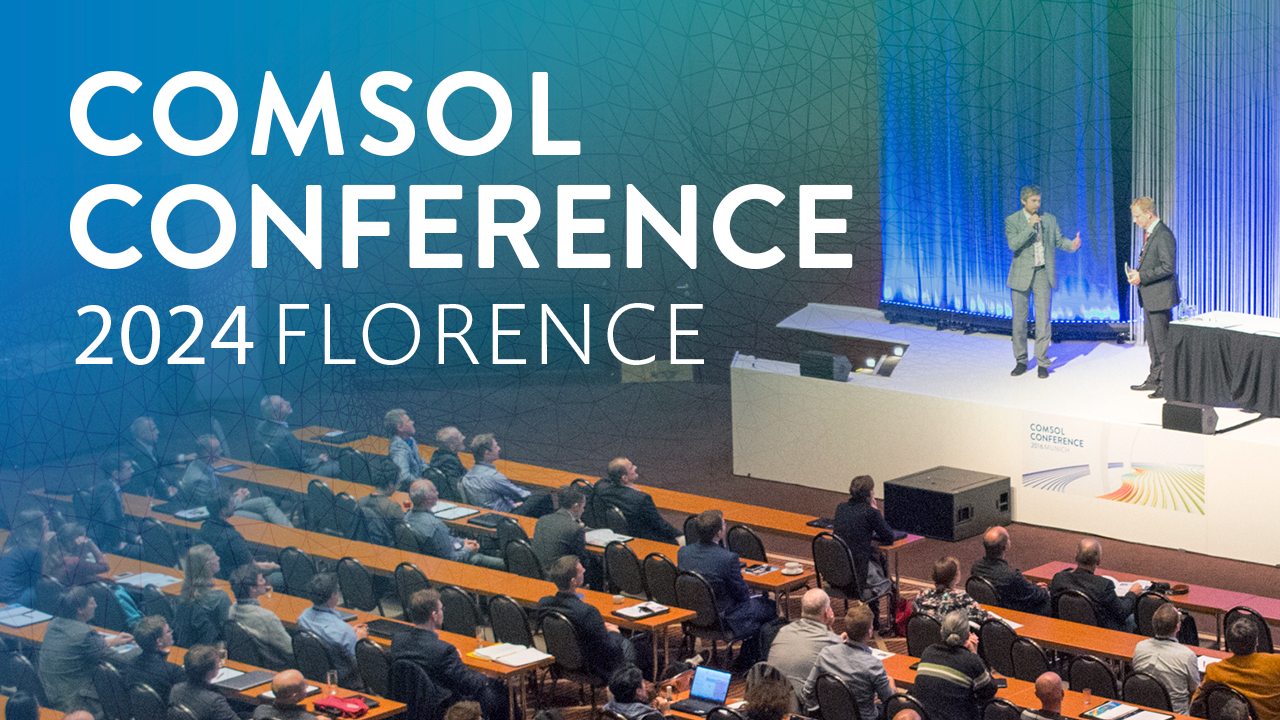 Un'immagine promozionale della Conferenza COMSOL 2024 a Firenze, che mostra due relatori sul palco.