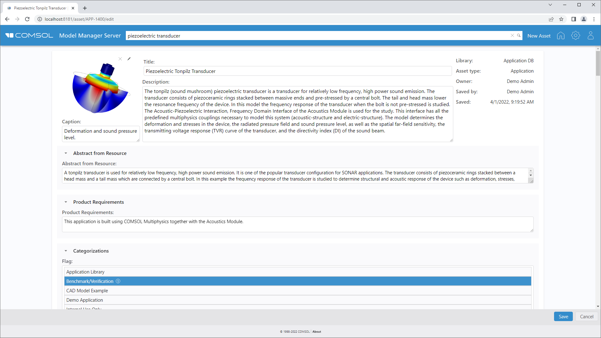 Uno screenshot della pagina di una risorsa Photoacoustic Resonator che mostra l'immagine in miniatura, la descrizione, i requisiti del prodotto e altro.