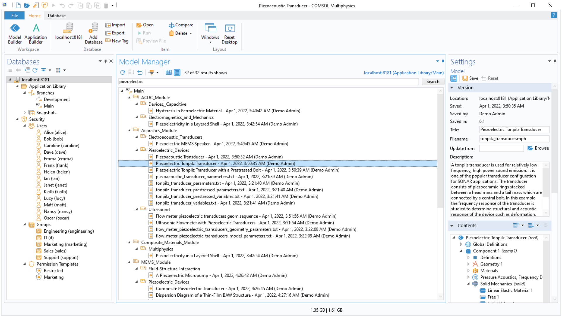 Uno screenshot dell'interfaccia utente del Model Manager che mostra le opzioni del database e la finestra Application Settings aperta