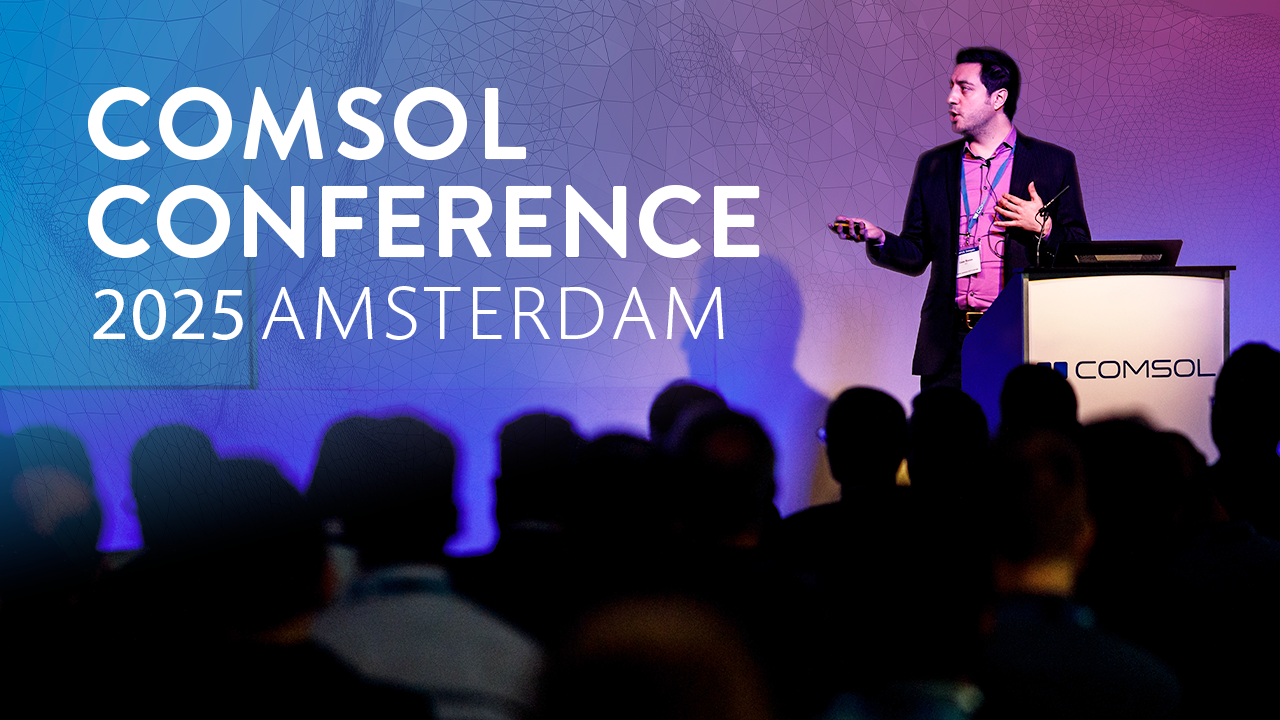 Een advertentie voor de COMSOL-conferentie 2025 in Amsterdam, waarop één presentator op het podium te zien is.