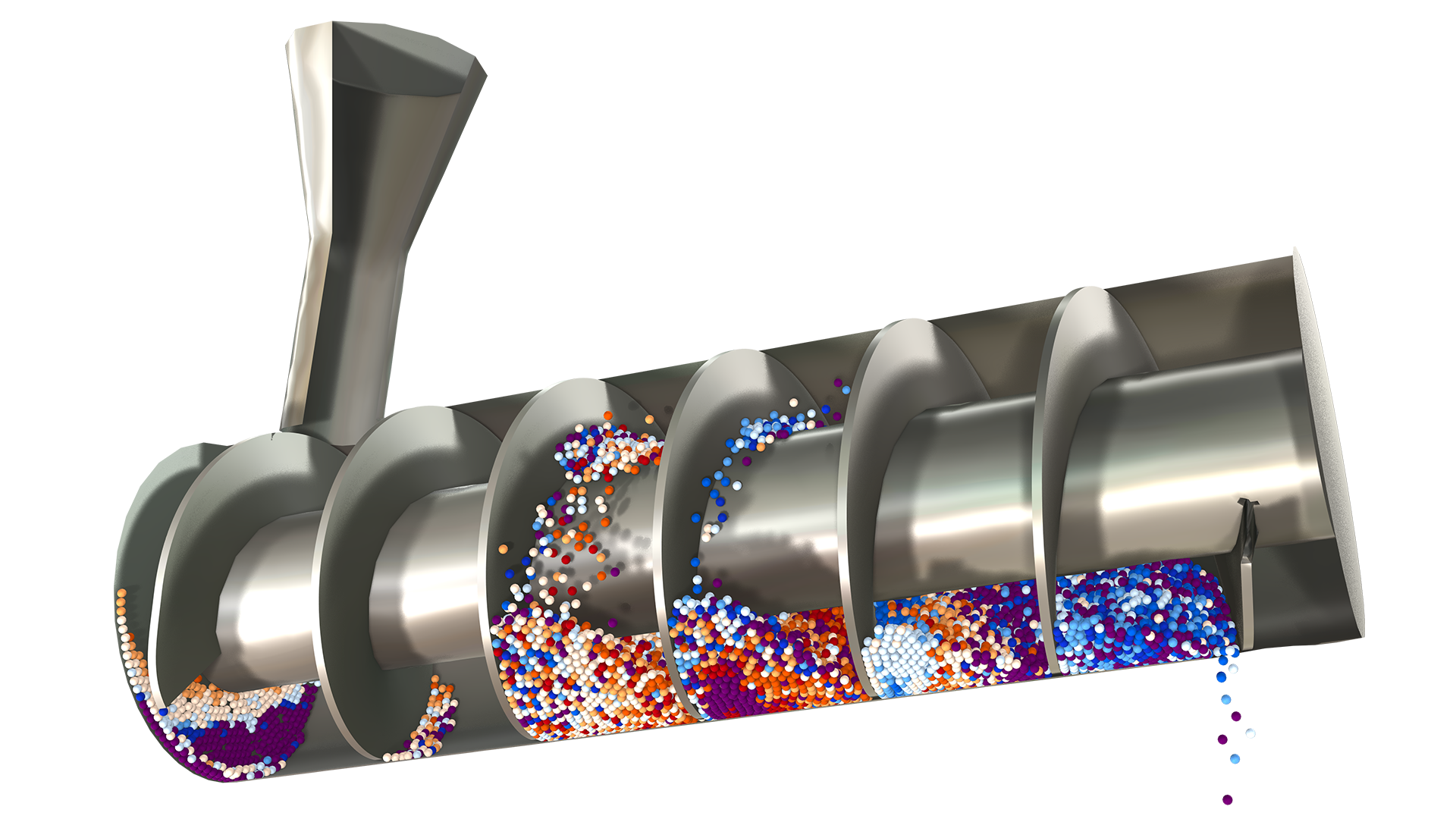 Modello 3D di cereali trasportati tramite un trasportatore a coclea.