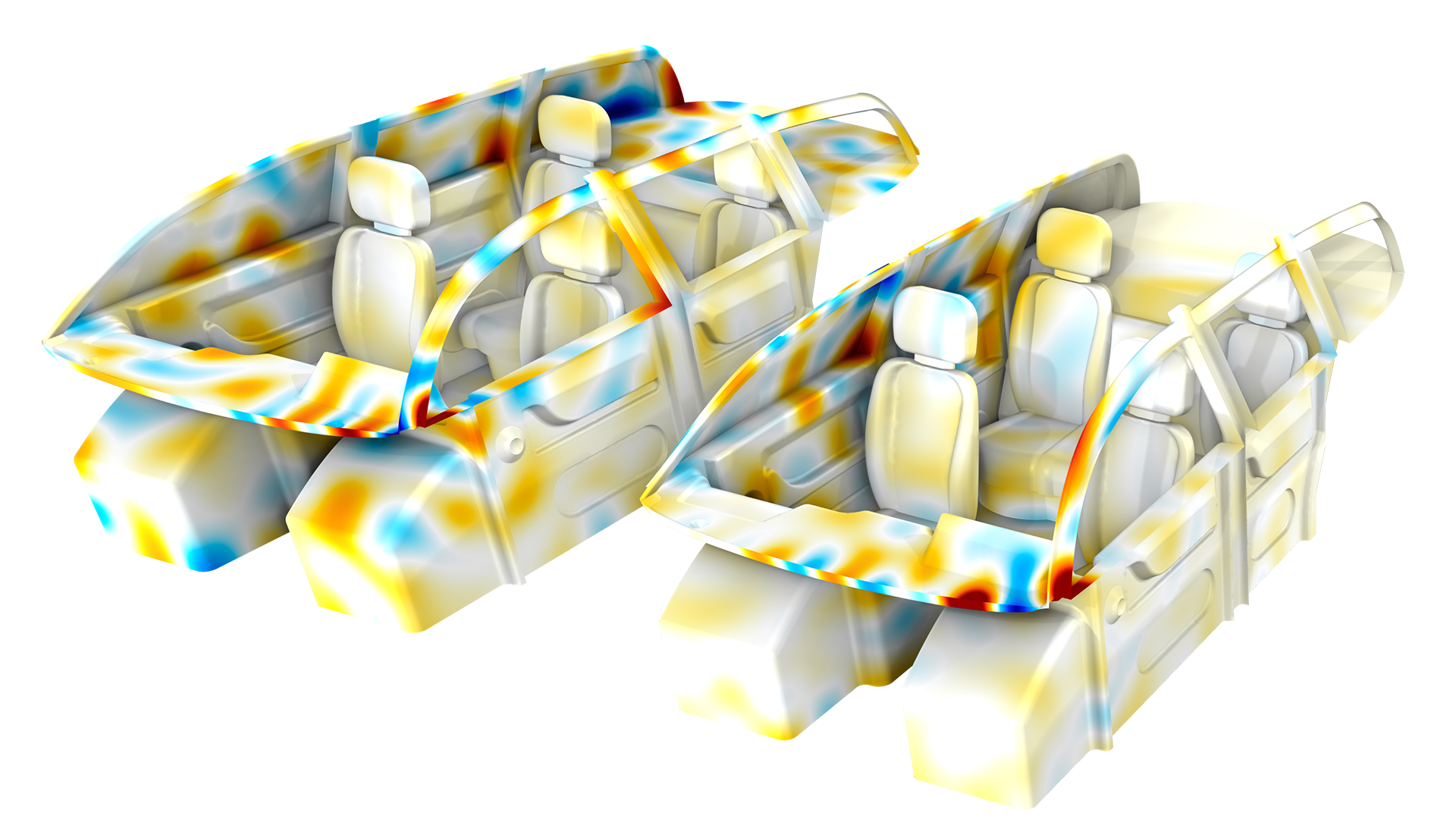 Due modelli 3D dell'abitacolo di un'auto mostrano la velocità delle particelle acustiche.