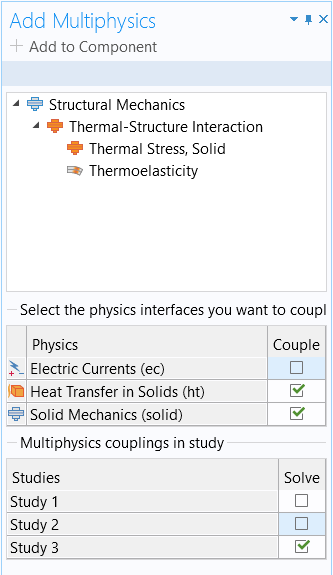 A screenshot of the Add Multiphysics window with the settings for a full multiphysics analysis implemented.