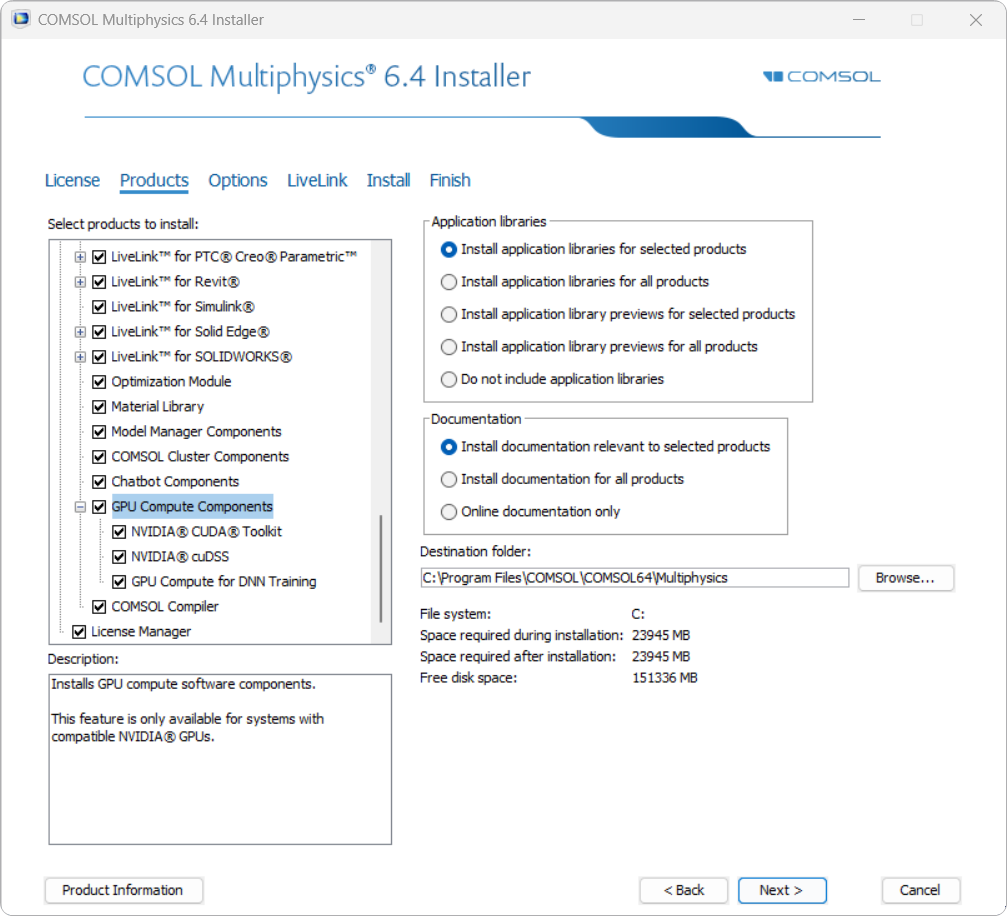 A UI screenshot of the COMSOL Installer with the Products tab selected and the GPU Compute Components list expanded.