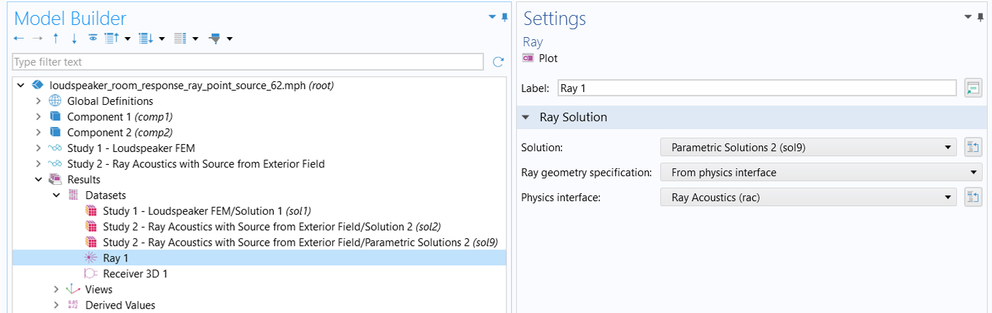 The settings window for Ray 1 is shown with the Parametric Solutions 2 selected.