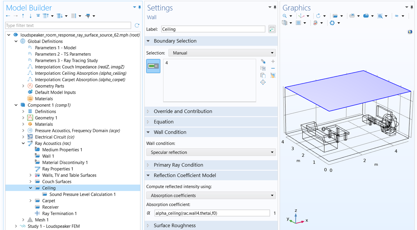 The ceiling of the room geometry is selected in blue with the absorption coefficients configured in the settings window.