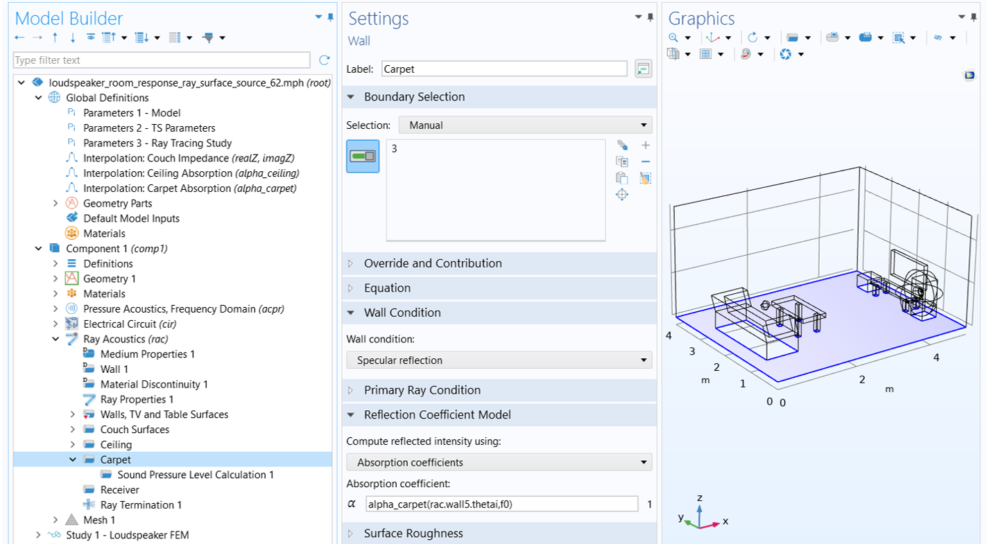 The carpeted floor of the room geometry is selected in blue with the absorption coefficients configured in the settings window.